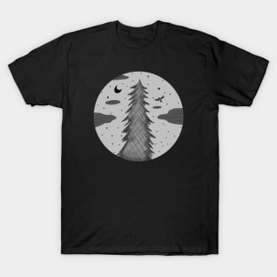 Monochromatic Fir Tree at Night T-Shirt